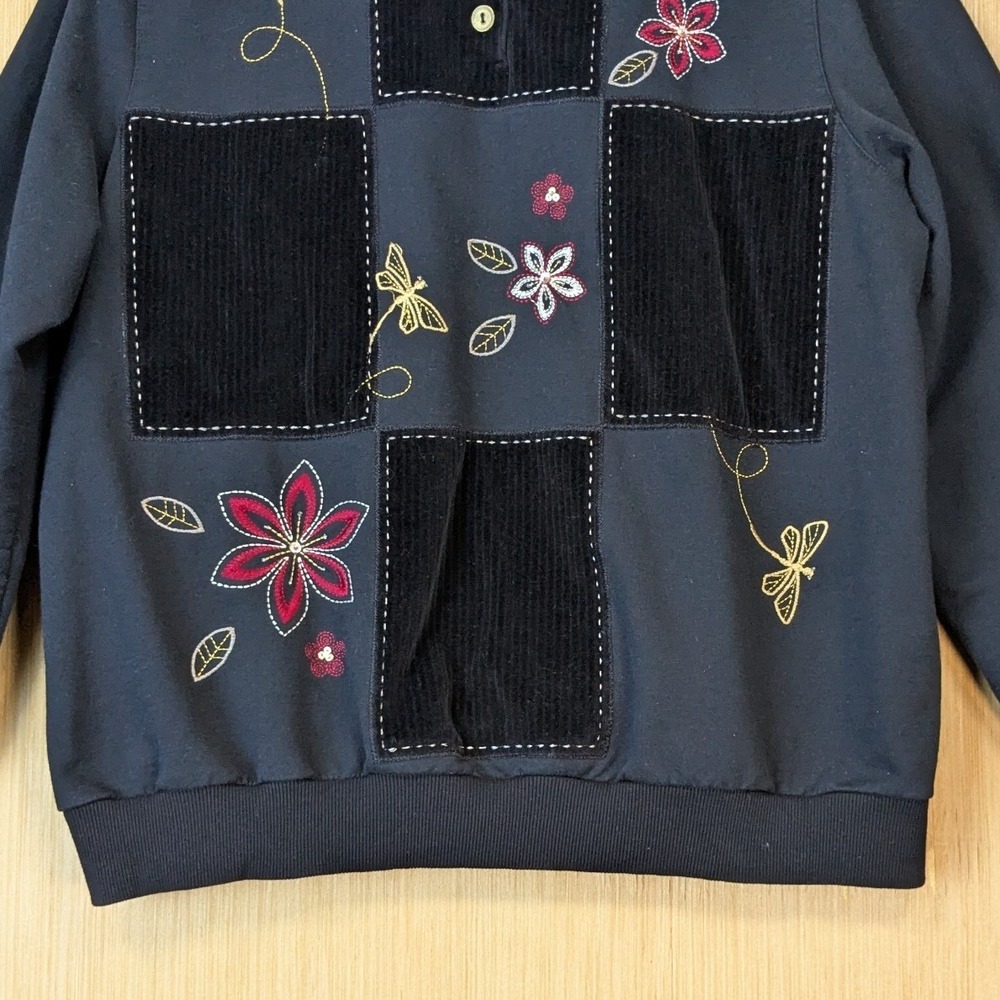 Alfred Dunner Top Women XL Black Corduroy Patchwork Retro 90s Embroidered Floral - Picture 4 of 8